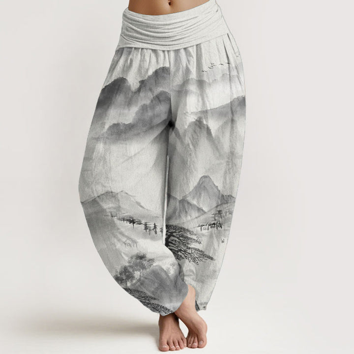 Buddha Stones Pure Cotton Mountains Trees Landscape Ink Painting Women's Elastic Waist Harem Pants