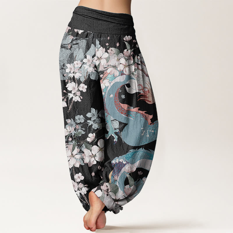 Buddha Stones Pure Cotton Casual Dragon Cherry Blossoms Women's Elastic Waist Harem Pants - image 1