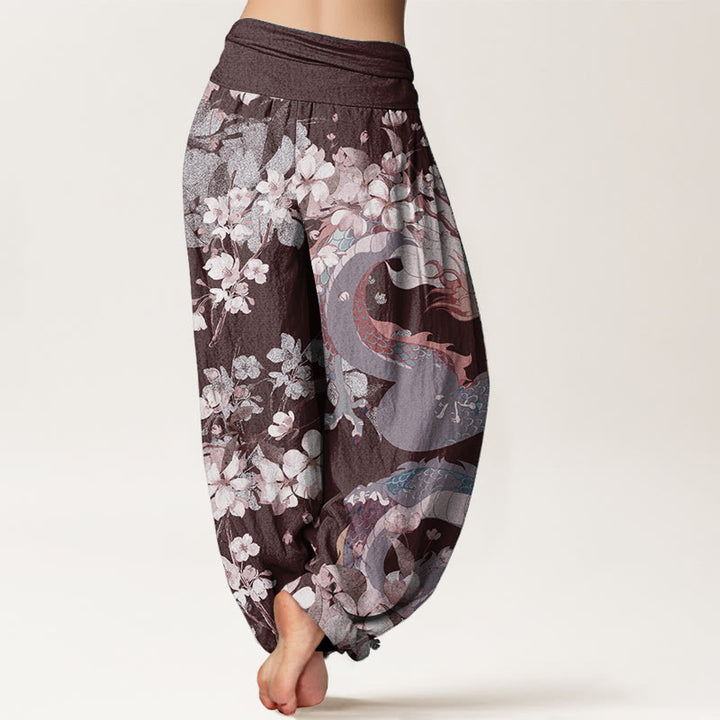 Buddha Stones Pure Cotton Casual Dragon Cherry Blossoms Women's Elastic Waist Harem Pants