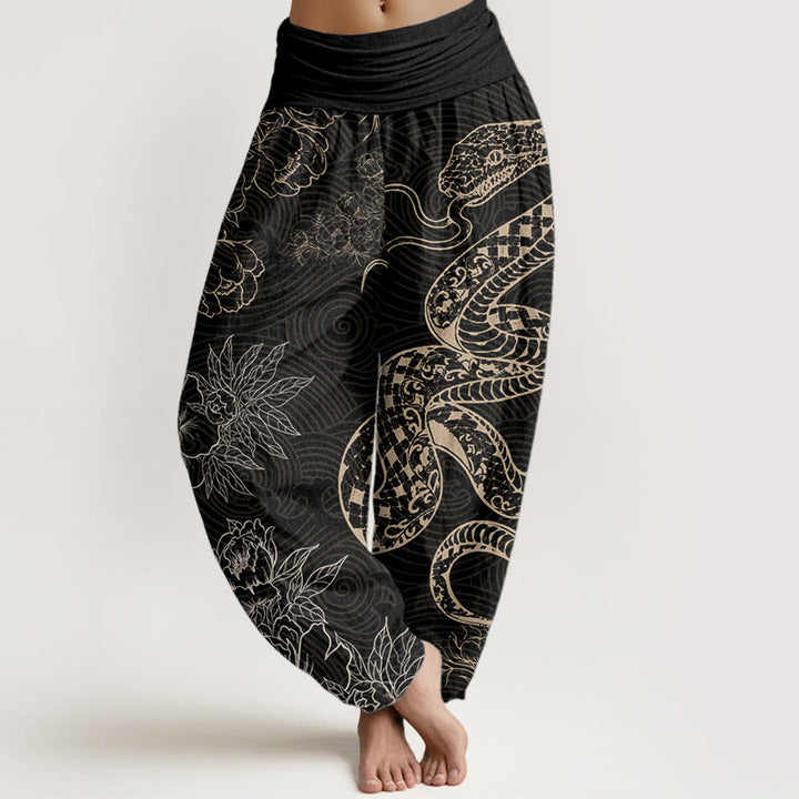 Buddha Stones Pure Cotton Snake Lotus Women's Elastic Waist Harem Pants