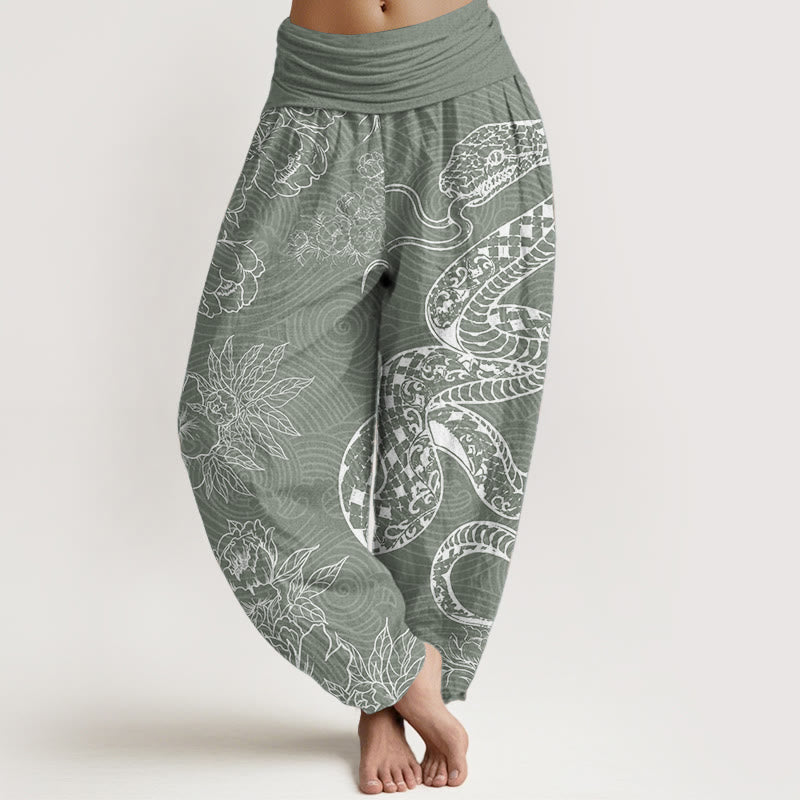 Buddha Stones Pure Cotton Snake Lotus Women's Elastic Waist Harem Pants - DarkSeaGreen - US22，UK/AU26，EU54 (6XL) - image 5