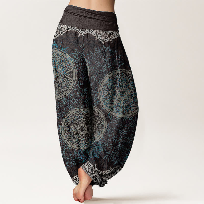 Buddha Stones Pure Cotton Mandala Pattern Leaves Women's Elastic Waist Harem Pants