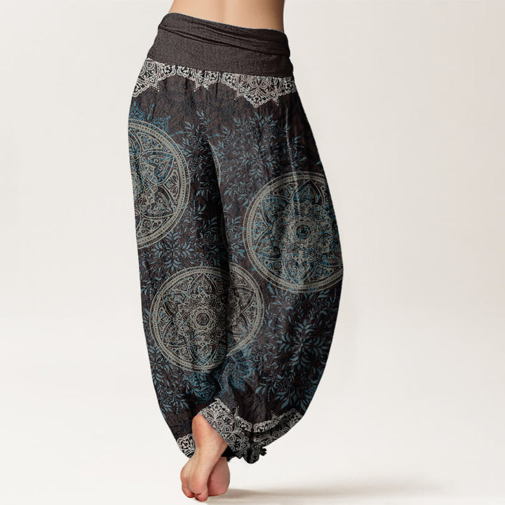 Buddha Stones Pure Cotton Mandala Pattern Leaves Women's Elastic Waist Harem Pants