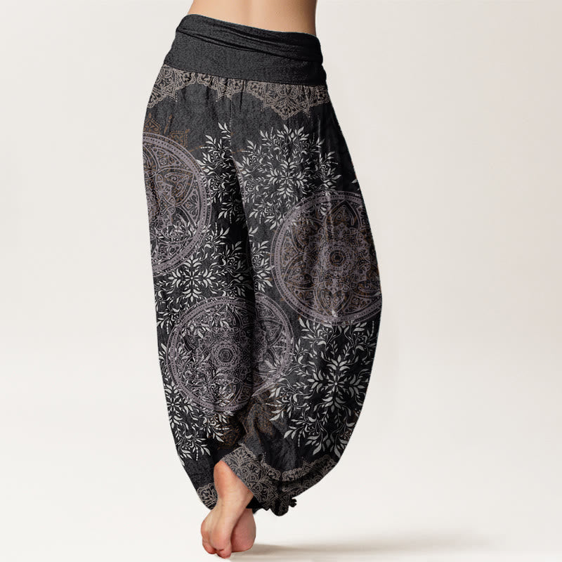 Buddha Stones Pure Cotton Mandala Pattern Leaves Women's Elastic Waist Harem Pants