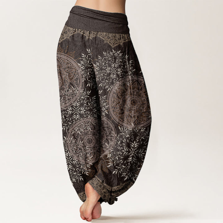 Buddha Stones Pure Cotton Mandala Pattern Leaves Women's Elastic Waist Harem Pants