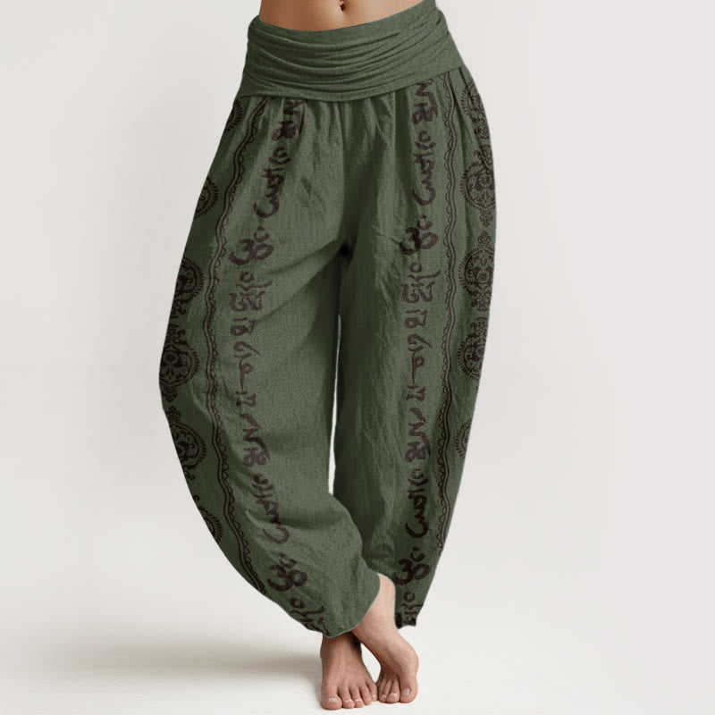 Buddha Stones Pure Cotton Mandala Om Mani Padme Hum Women's Elastic Waist Harem Pants
