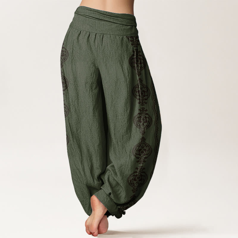 Buddha Stones Pure Cotton Mandala Om Mani Padme Hum Women's Elastic Waist Harem Pants