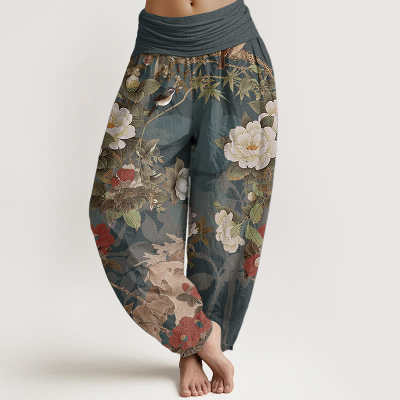 Buddha Stones Pure Cotton Casual Peony Flowers Leaves Magpie Women's Elastic Waist Harem Pants - Teal - US22，UK/AU26，EU54 (6XL) - image 0