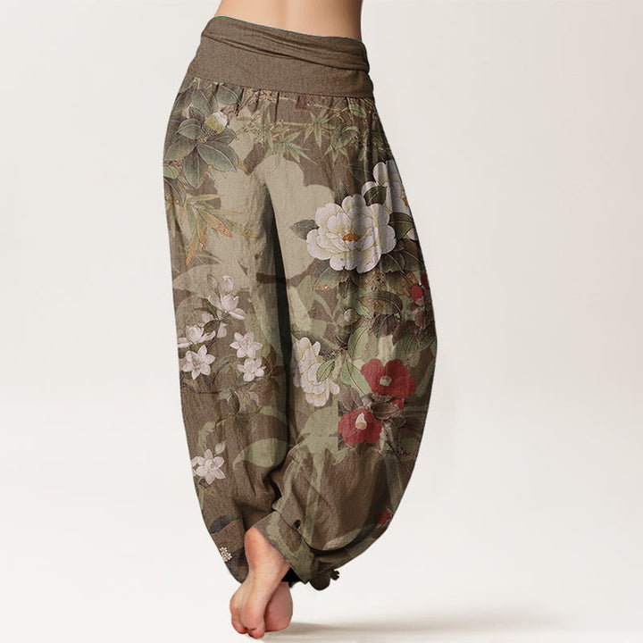 Buddha Stones Pure Cotton Casual Peony Flowers Leaves Magpie Women's Elastic Waist Harem Pants - image 7
