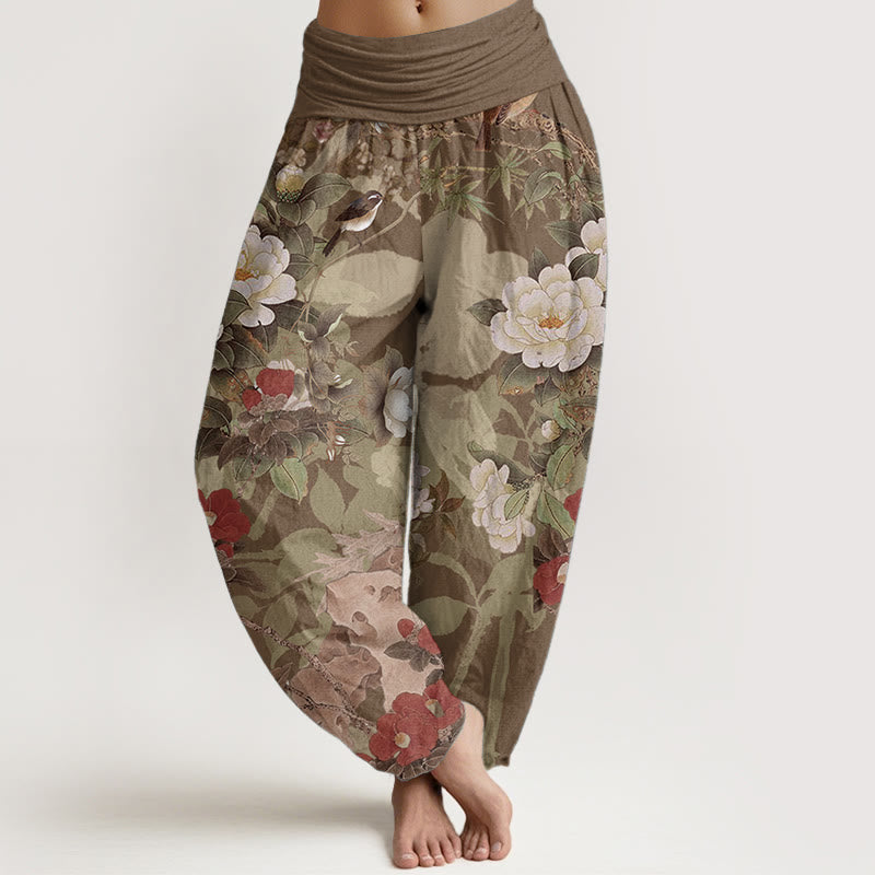 Buddha Stones Pure Cotton Casual Peony Flowers Leaves Magpie Women's Elastic Waist Harem Pants