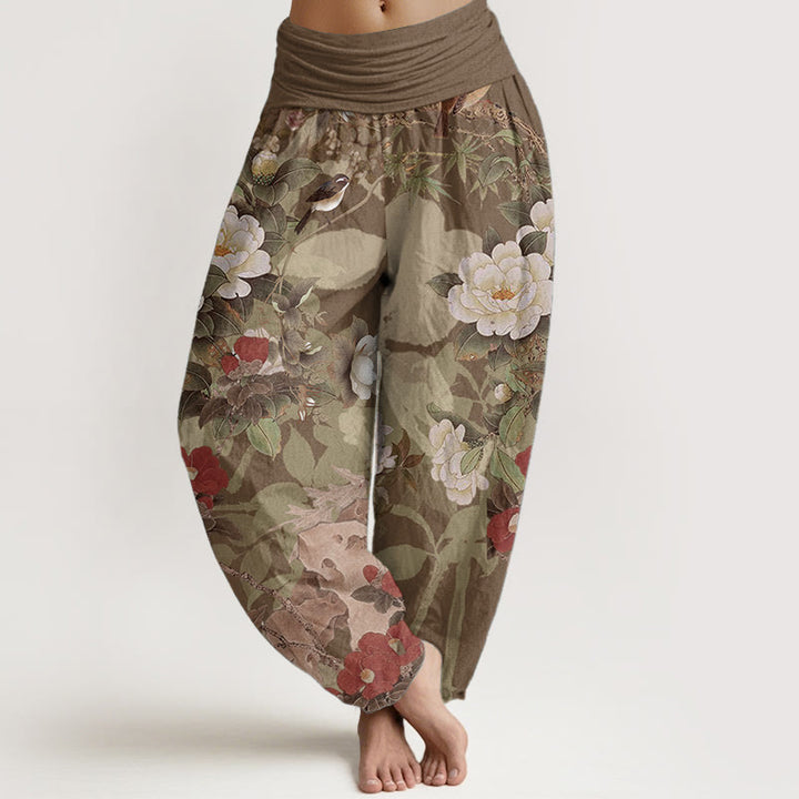 Buddha Stones Pure Cotton Casual Peony Flowers Leaves Magpie Women's Elastic Waist Harem Pants - DarkGoldenrod - US22，UK/AU26，EU54 (6XL) - image 5