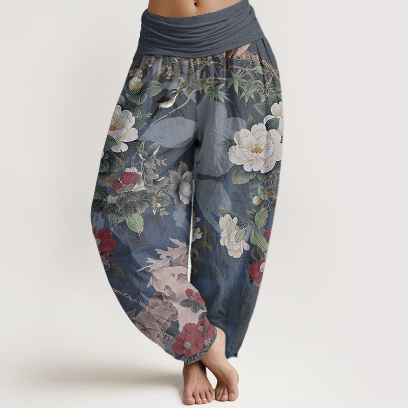 Buddha Stones Pure Cotton Casual Peony Flowers Leaves Magpie Women's Elastic Waist Harem Pants