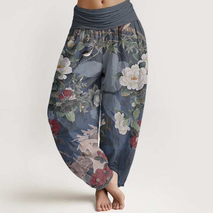 Buddha Stones Pure Cotton Casual Peony Flowers Leaves Magpie Women's Elastic Waist Harem Pants