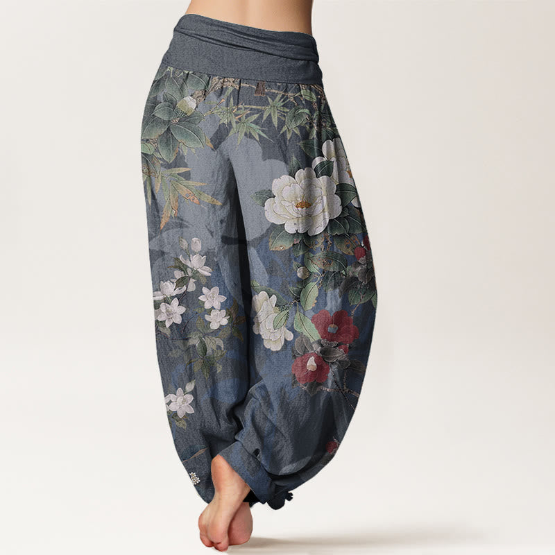 Buddha Stones Pure Cotton Casual Peony Flowers Leaves Magpie Women's Elastic Waist Harem Pants