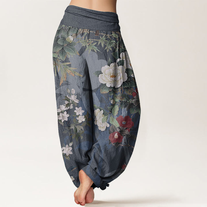 Buddha Stones Pure Cotton Casual Peony Flowers Leaves Magpie Women's Elastic Waist Harem Pants