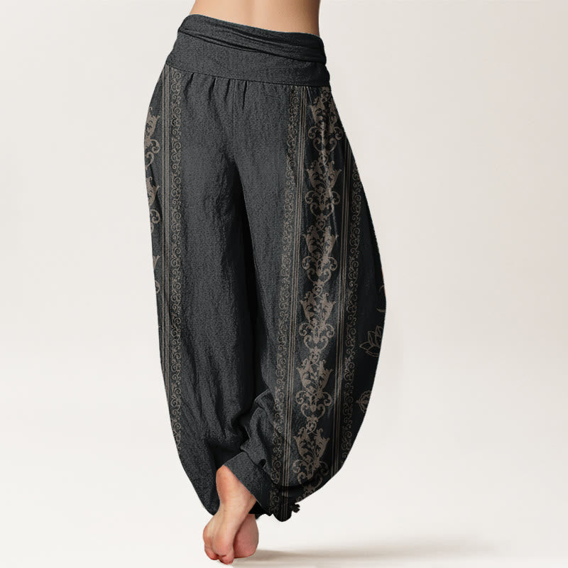 Buddha Stones Pure Cotton Lotus Flowers Double Dorje Vajra Namaste Om Design Women's Elastic Waist Harem Pants