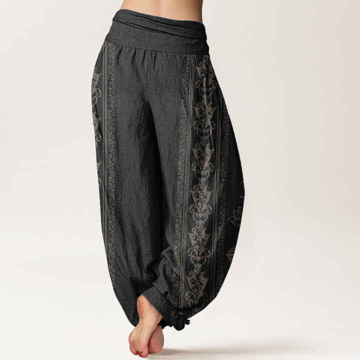 Buddha Stones Pure Cotton Lotus Flowers Double Dorje Vajra Namaste Om Design Women's Elastic Waist Harem Pants