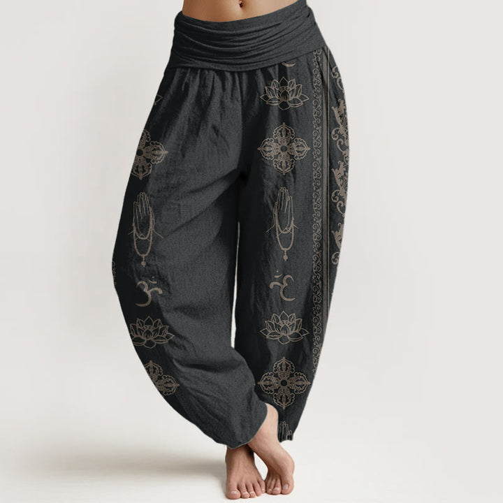 Buddha Stones Pure Cotton Lotus Flowers Double Dorje Vajra Namaste Om Design Women's Elastic Waist Harem Pants
