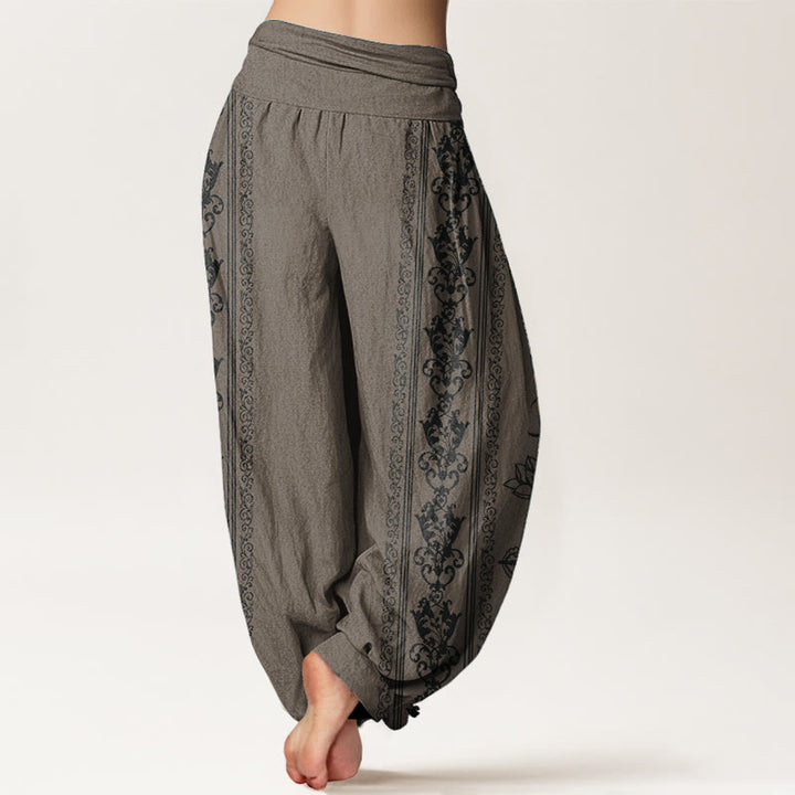Buddha Stones Pure Cotton Lotus Flowers Double Dorje Vajra Namaste Om Design Women's Elastic Waist Harem Pants