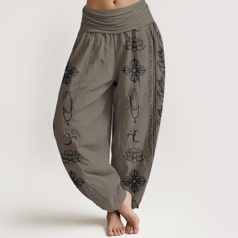 Buddha Stones Pure Cotton Lotus Flowers Double Dorje Vajra Namaste Om Design Women's Elastic Waist Harem Pants