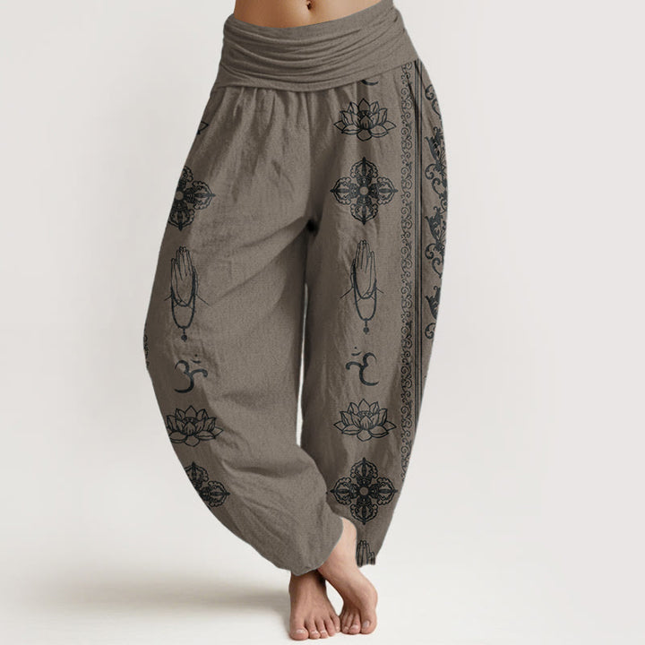 Buddha Stones Pure Cotton Lotus Flowers Double Dorje Vajra Namaste Om Design Women's Elastic Waist Harem Pants