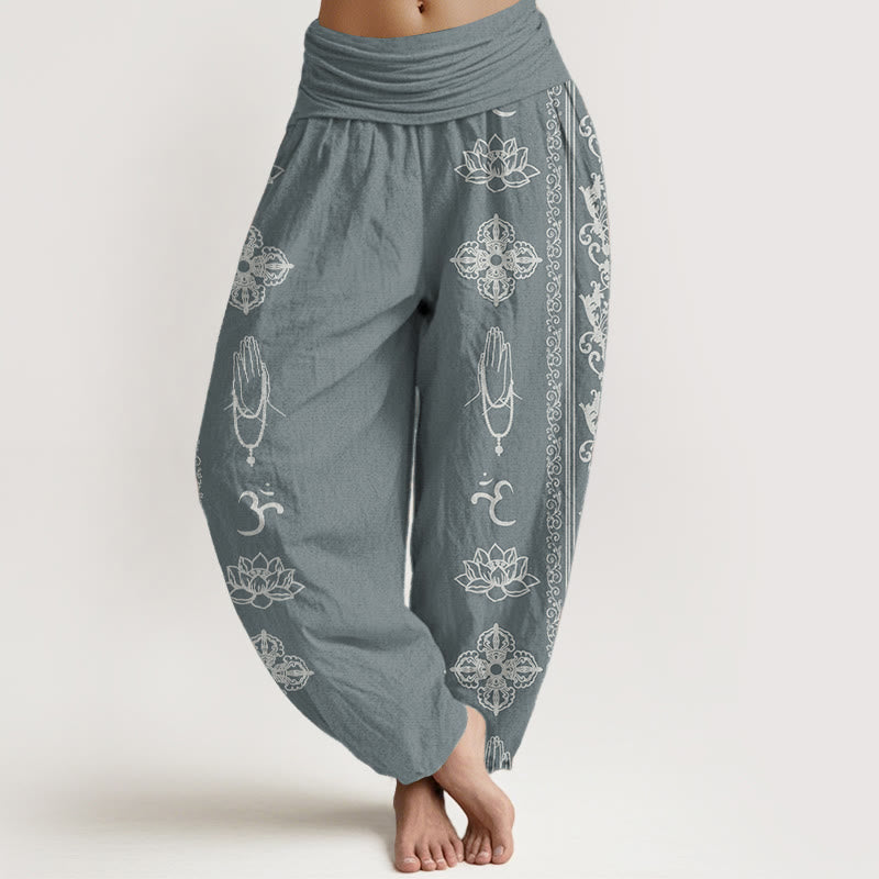 Buddha Stones Pure Cotton Lotus Flowers Double Dorje Vajra Namaste Om Design Women's Elastic Waist Harem Pants - CadetBlue - US22，UK/AU26，EU54 (6XL) - image 5