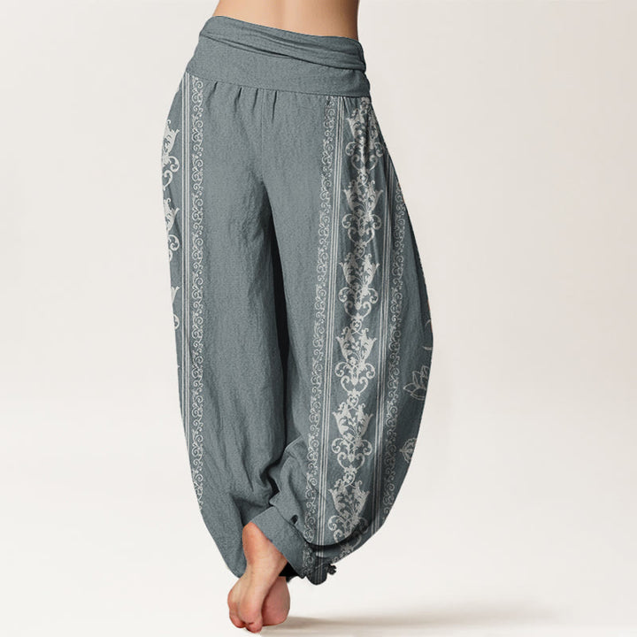 Buddha Stones Pure Cotton Lotus Flowers Double Dorje Vajra Namaste Om Design Women's Elastic Waist Harem Pants