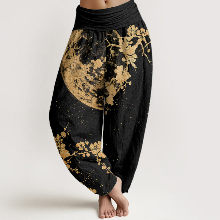 Buddha Stones Pure Cotton Golden Plum Blossom Full Moon Pattern Women's Elastic Waist Harem Pants - Black - US22，UK/AU26，EU54 (6XL) - image 0