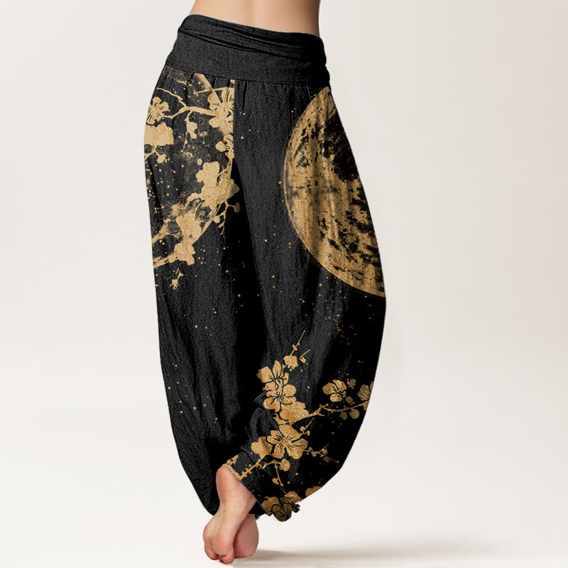 Buddha Stones Pure Cotton Golden Plum Blossom Full Moon Pattern Women's Elastic Waist Harem Pants
