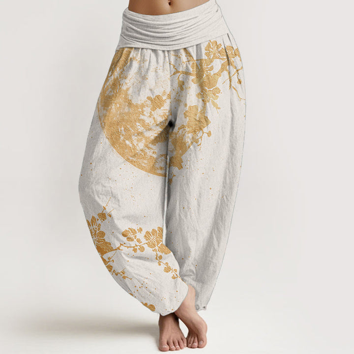 Buddha Stones Pure Cotton Golden Plum Blossom Full Moon Pattern Women's Elastic Waist Harem Pants