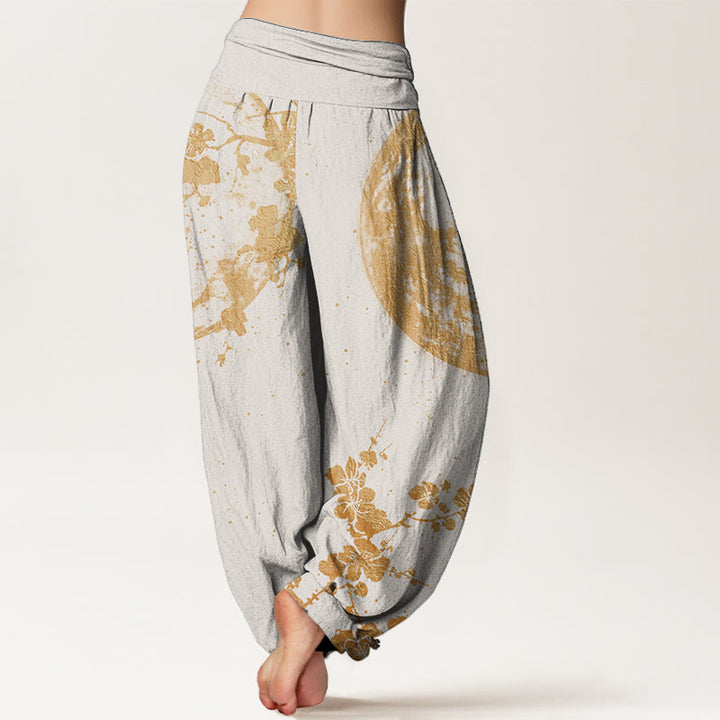 Buddha Stones Pure Cotton Golden Plum Blossom Full Moon Pattern Women's Elastic Waist Harem Pants