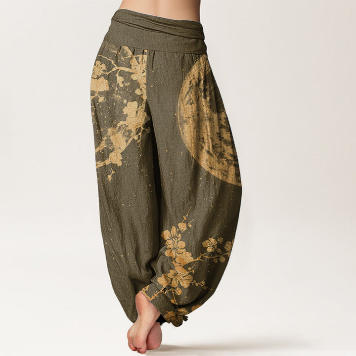 Buddha Stones Pure Cotton Golden Plum Blossom Full Moon Pattern Women's Elastic Waist Harem Pants