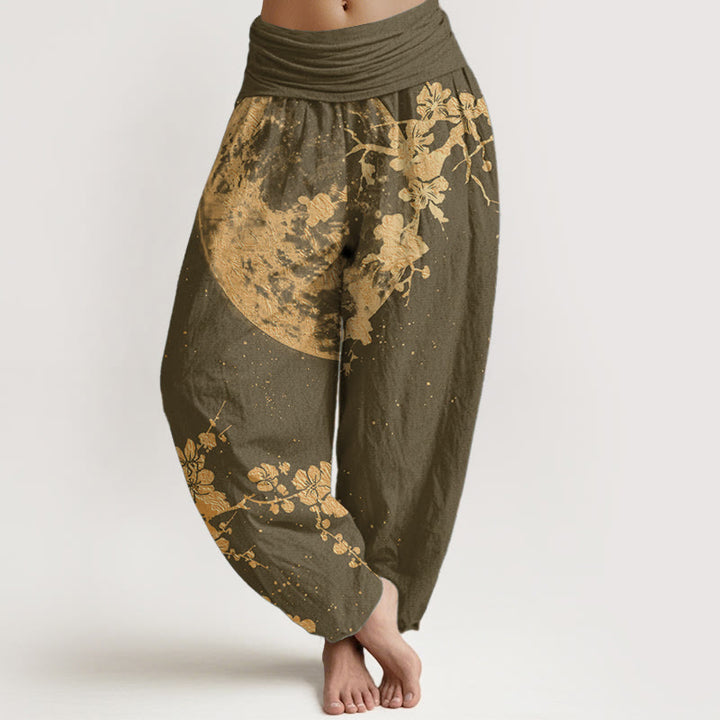 Buddha Stones Pure Cotton Golden Plum Blossom Full Moon Pattern Women's Elastic Waist Harem Pants