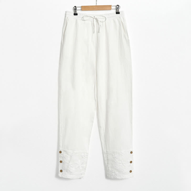 Buddha Stones White Lace Patchwork Design Women's Cotton Linen Pants With Pockets