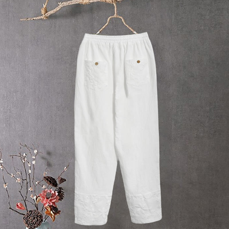 Buddha Stones White Lace Patchwork Design Women's Cotton Linen Pants With Pockets