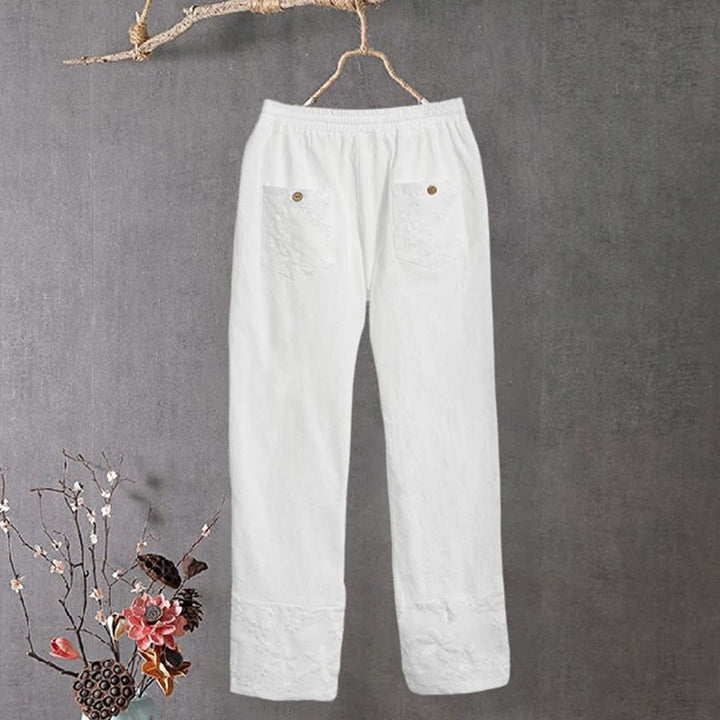 Buddha Stones White Lace Patchwork Design Women's Cotton Linen Pants With Pockets