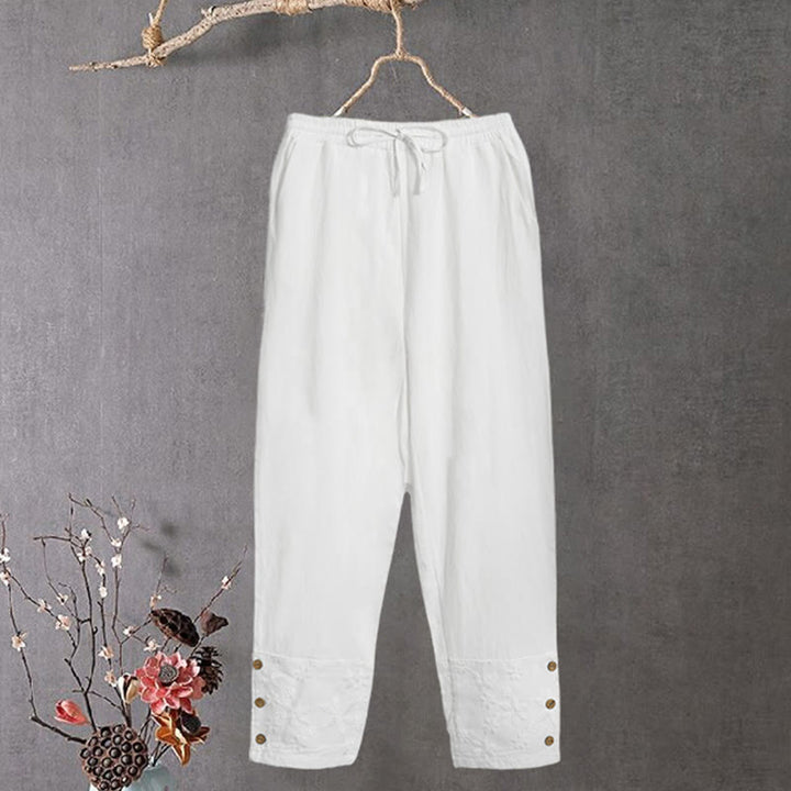 Buddha Stones White Lace Patchwork Design Women's Cotton Linen Pants With Pockets