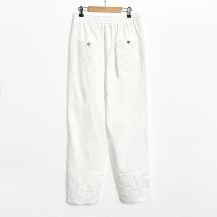Buddha Stones White Lace Patchwork Design Women's Cotton Linen Pants With Pockets - image 6
