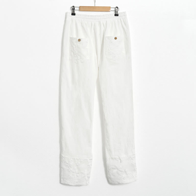 Buddha Stones White Lace Patchwork Design Women's Cotton Linen Pants With Pockets - image 7
