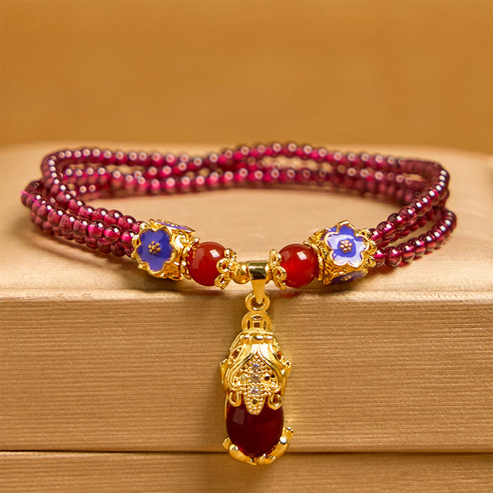 Buddha Stones Natural 3mm Garnet Beads PiXiu Flower Purification Multilayer Bracelet