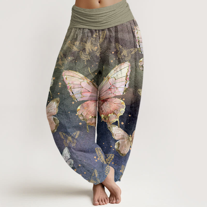Buddha Stones Vintage Butterfly Pattern Women's Elastic Waist Harem Pants - DarkSeaGreen - US22，UK/AU26，EU54 (6XL) - image 1