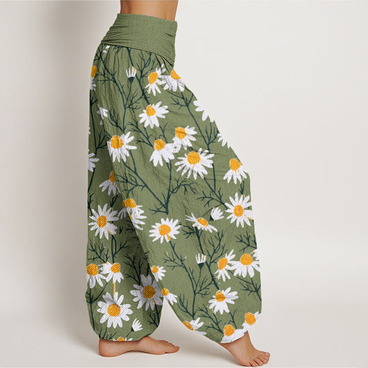 Buddha Stones White Petals Daisy Pattern Women's Elastic Waist Harem Pants - image 3