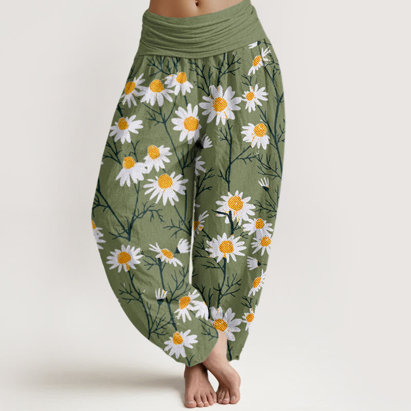 Buddha Stones White Petals Daisy Pattern Women's Elastic Waist Harem Pants - LimeGreen - US22，UK/AU26，EU54 (6XL) - image 1