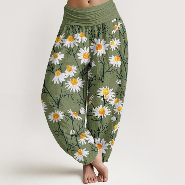 Buddha Stones White Petals Daisy Pattern Women's Elastic Waist Harem Pants - LimeGreen - US22，UK/AU26，EU54 (6XL) - image 1