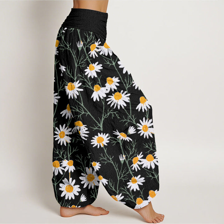 Buddha Stones White Petals Daisy Pattern Women's Elastic Waist Harem Pants - image 7