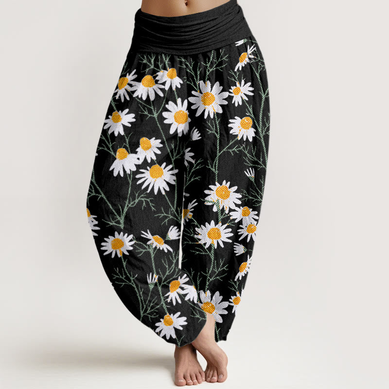 Buddha Stones White Petals Daisy Pattern Women's Elastic Waist Harem Pants - Black - US22，UK/AU26，EU54 (6XL) - image 5