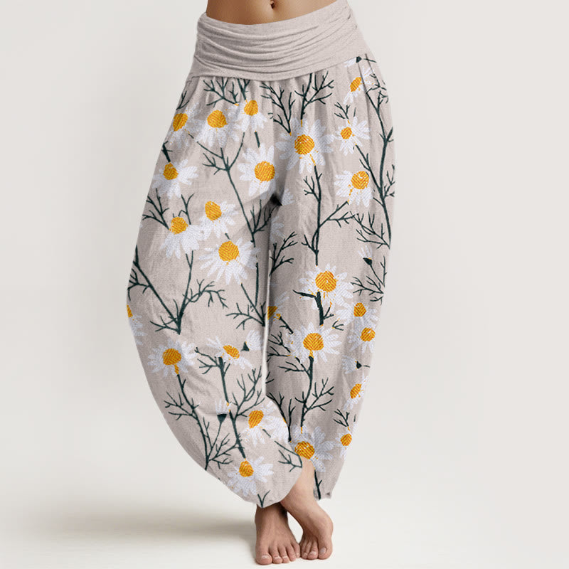 Buddha Stones White Petals Daisy Pattern Women's Elastic Waist Harem Pants - Beige - US22，UK/AU26，EU54 (6XL) - image 8
