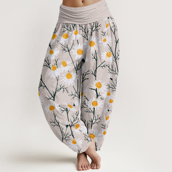 Buddha Stones White Petals Daisy Pattern Women's Elastic Waist Harem Pants - Beige - US22，UK/AU26，EU54 (6XL) - image 8