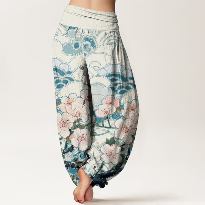 Buddha Stones Cherry Blossom Wave Pattern Women's Elastic Waist Harem Pants - image 2