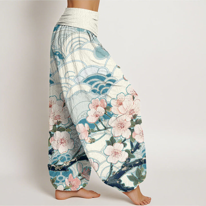 Buddha Stones Cherry Blossom Wave Pattern Women's Elastic Waist Harem Pants - image 3
